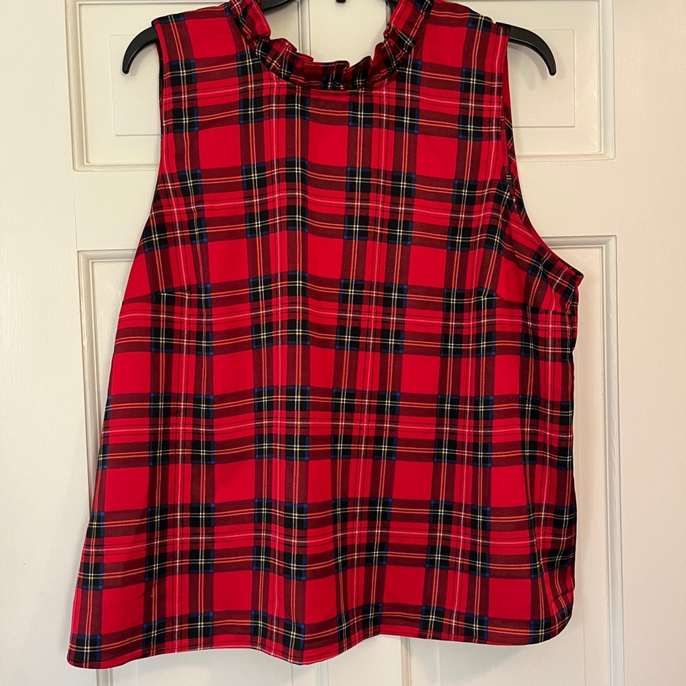 J. Crew Red Plaid Ruffle Neck Sleeveless Blouse